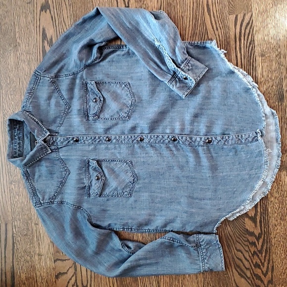 Rails Renee Raw Hem Dark Vintage Blue Chambray Denim Button Down sz S - Picture 12 of 16